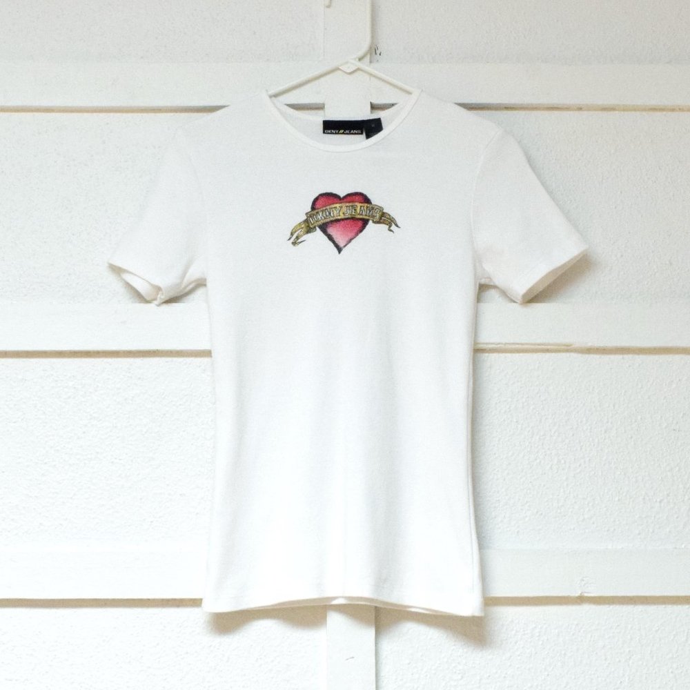 DKNY JEANS White Heartbreaker Tattoo Graphic Print T-shirt | Size M